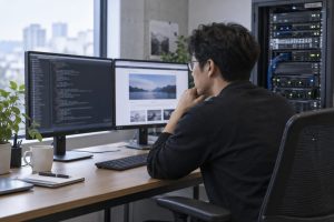 서버 설정과 웹페이지를 비교 점검하는 관리자의 AI 생성 이미지
